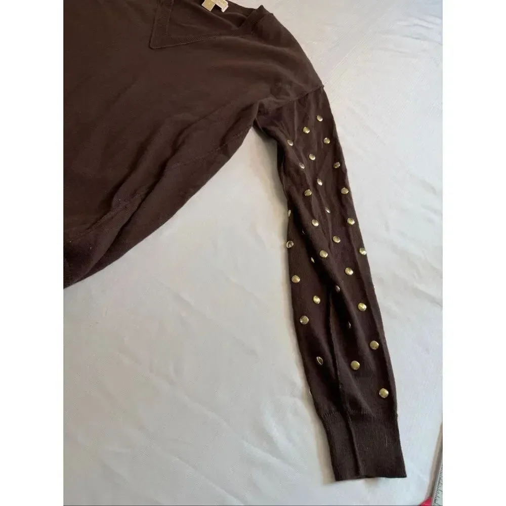 Michael Kors Chocolate Brown Gold Studded V Neck Sweater Size Small